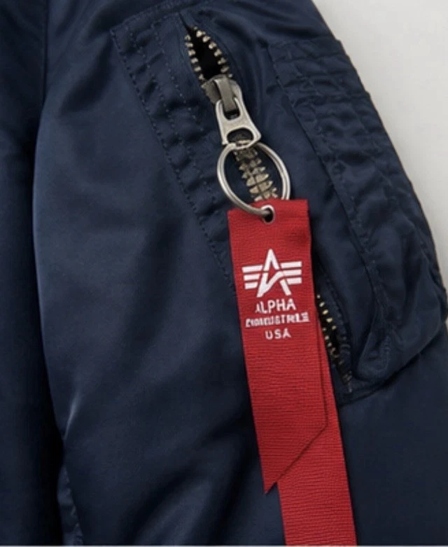 Alpha Industries Bomberjacke Herren L Blau/Rot Nylon Stehkragen RV Taschen Logo - Bild 3 von 4