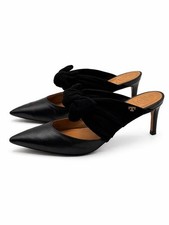 Tory Burch Eleanor Black Leather Pointed Toe Mule Kitten Heel Velvet Bow Size 7