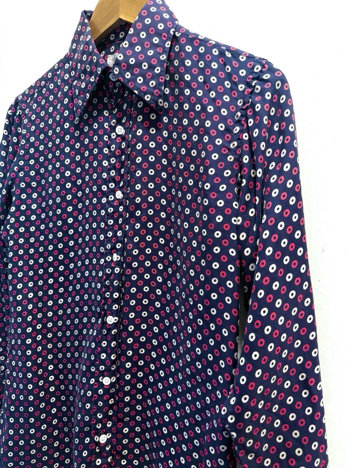 1960s Vintage Frank Bros Silk Shirt Small Mod Circle Dots Blue Long Sleeve - Image 3 of 4