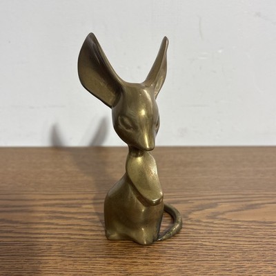 Vintage Solid Brass Big Ear Mouse Figurine Paperweight 5'' Tall Patina