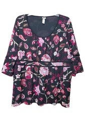 Venezia Black Floral Scoop Neck Bell Sleeve Lined Tunic Size 26/28