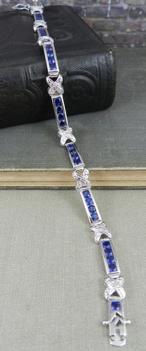 Designer Signed 925 Sterling Silver X Cross Blue Stone Bar Link Tennis Bracelet - Picture 3 of 7