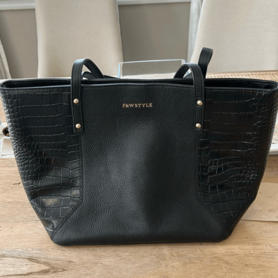 F&W Style black leather tote bag with pink lining