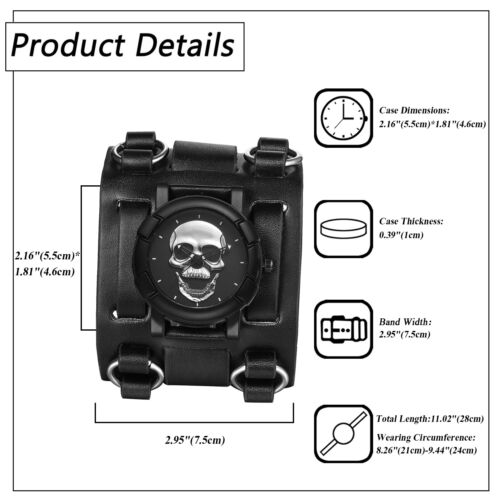 Mens Gothic Skull Decor Quartz Wrist Watch Punk Biker Wide Geniune Leather Strap - Picture 2 of 6