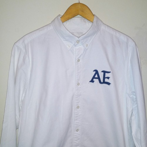 American Eagle Embroidered Logo Button Down Shirt-Large-Oxford-White-Navy - Picture 3 of 10