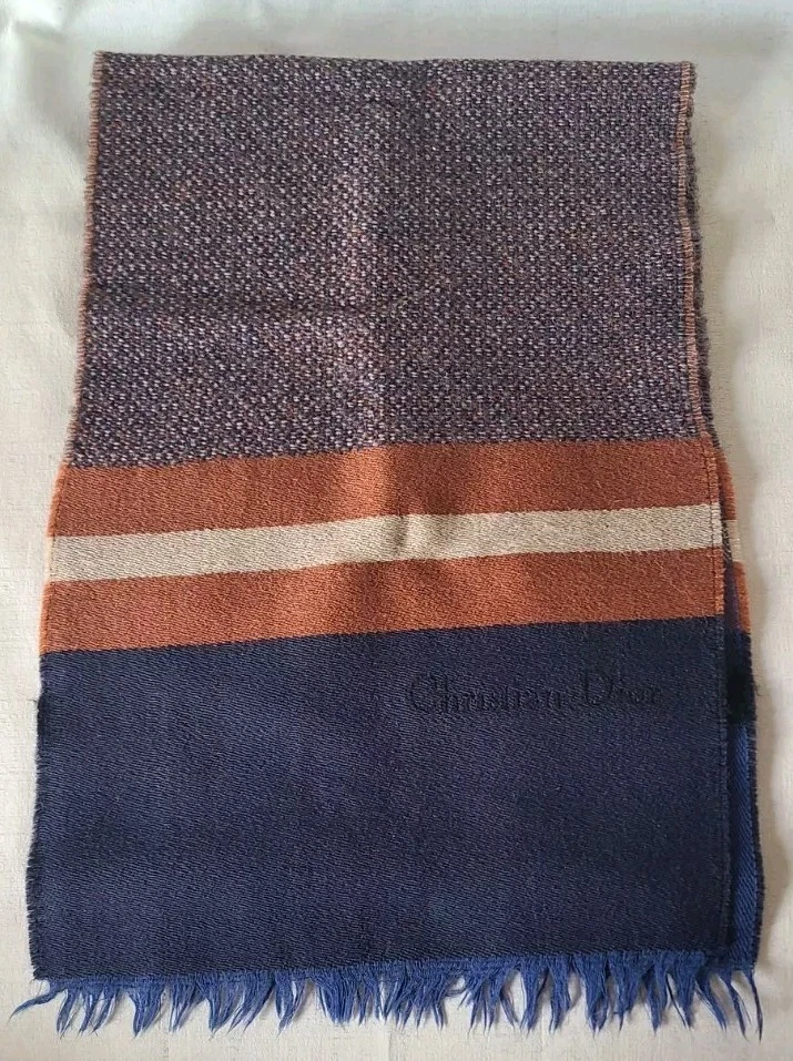 Foulard vintage Christian Dior beige chocolat bleu unisexe laine tweed 10