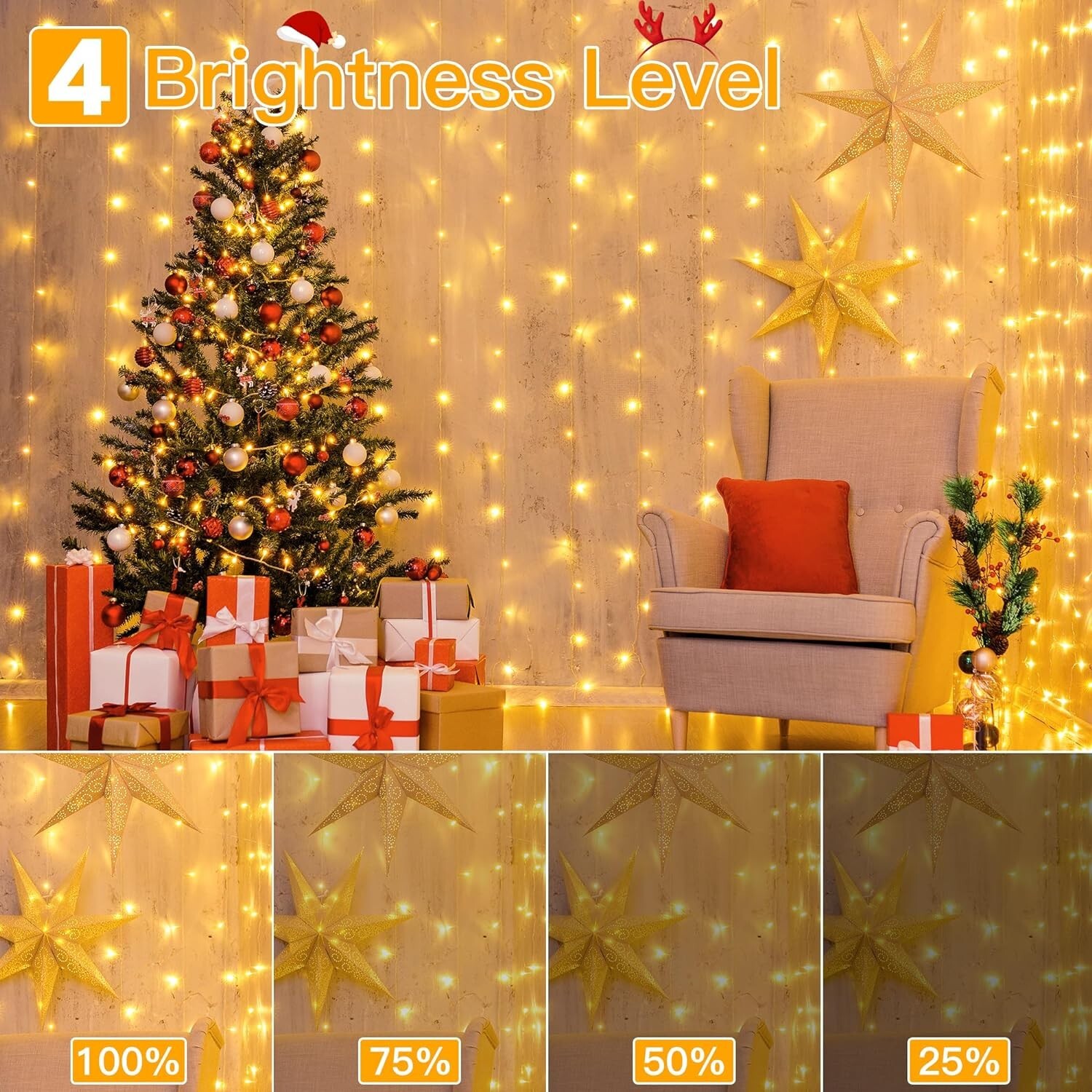 Curtain Christmas Lights 200LED 6.6X6.6Ft USB Warm White Remote 8 Modes