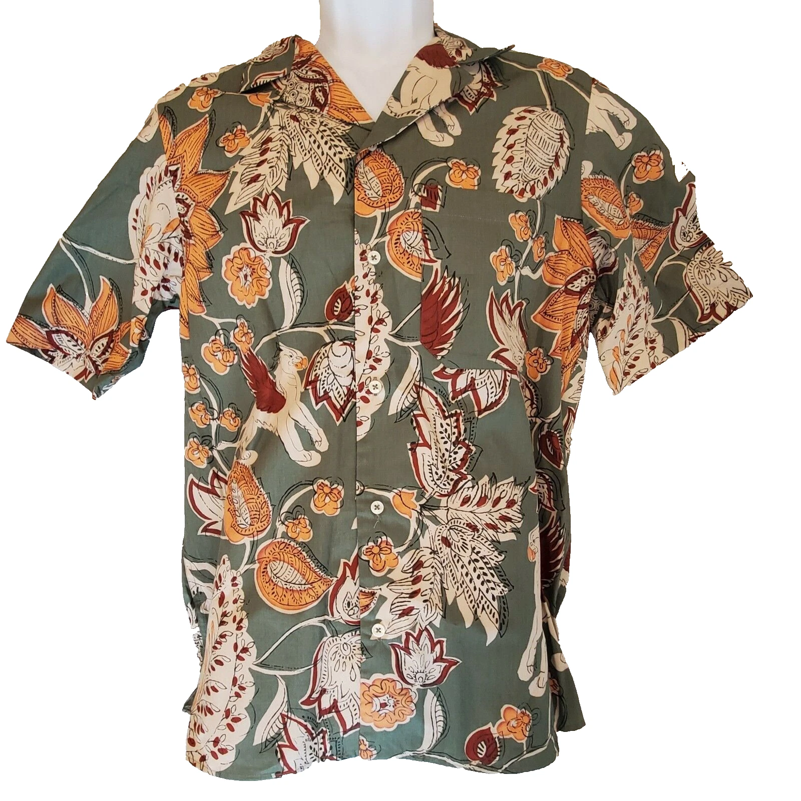 Zara Man Button Down Shirt Short Sleeve Medium Floral Woven Green Relaxed Fit