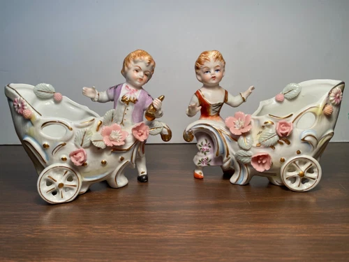 Vtg Ucagco Japanese Little Boy & Little Girl Flower Carts Miniature Planter/Vase