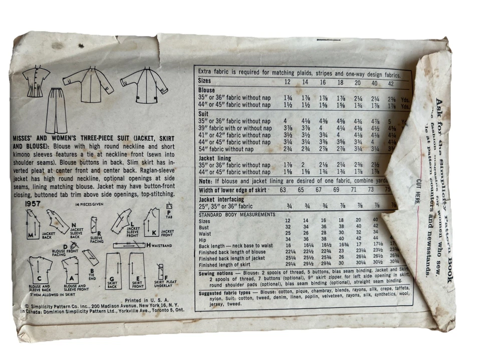Simplicity #1957 Pattern Jacket, Skirt blouse 40s Size 14 Bust 34 Complete - Image 2 of 2