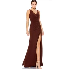 Mac Duggal NEW Size 10 Style 26513 Brown Faux Wrap Sleeveless V Neck Wrap Gown 