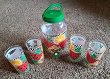 Vtg Cheryl Ann Jar Pitcher Thermo-Serv Tumblers Watermelon Sun Tea 1995 Plastic