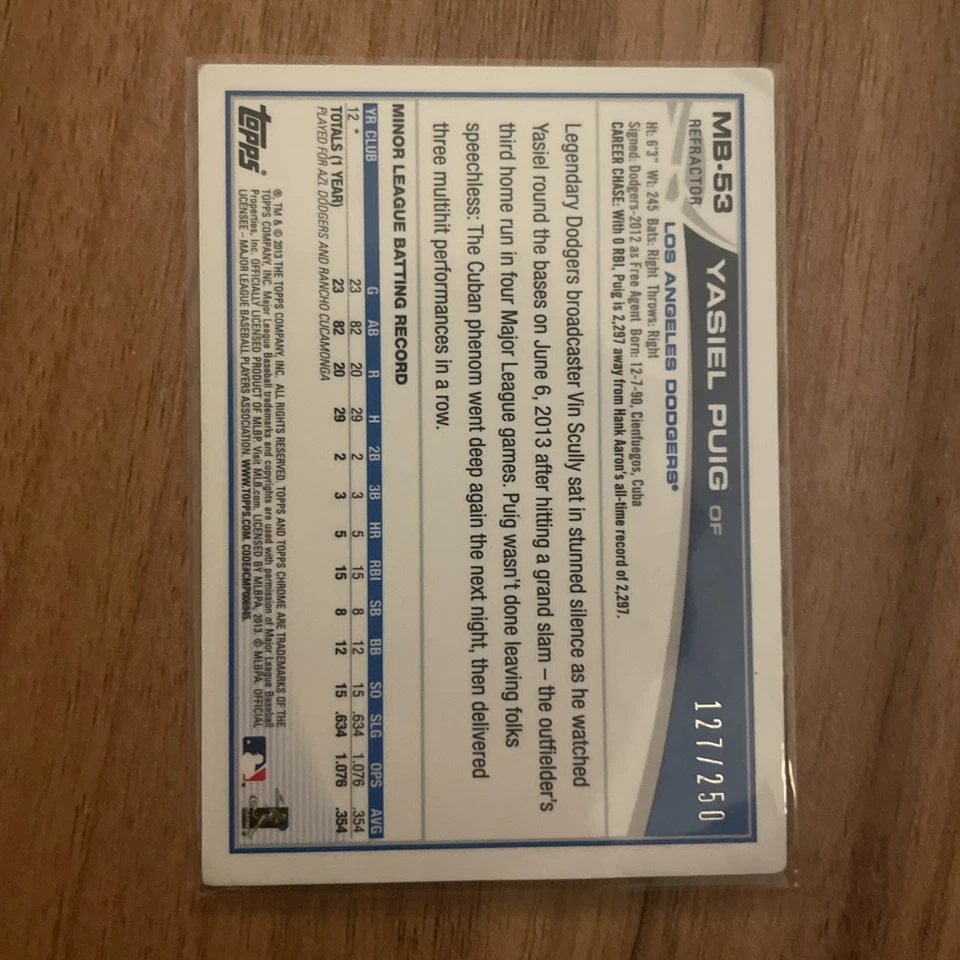 2013 Topps Chrome Yasiel Puig #138 Gold Refractor (RC) Rainbow Foil, 127/250 - Image 2 of 4