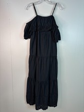 Old Navy Tiered Maxi Dress Small Black Cold Shoulder Ruffle Embroidered Eyelet