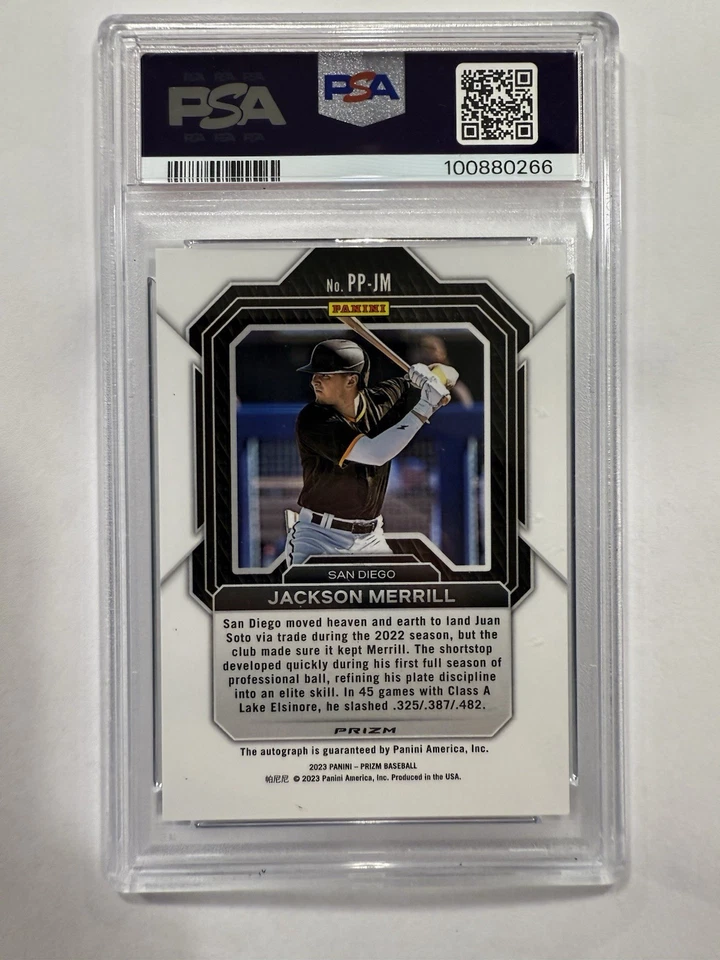 2023 Panini Prizm - Potential Penmanship Jackson Merrill #PP-JM Green Ice Prizm  - Image 2 of 2