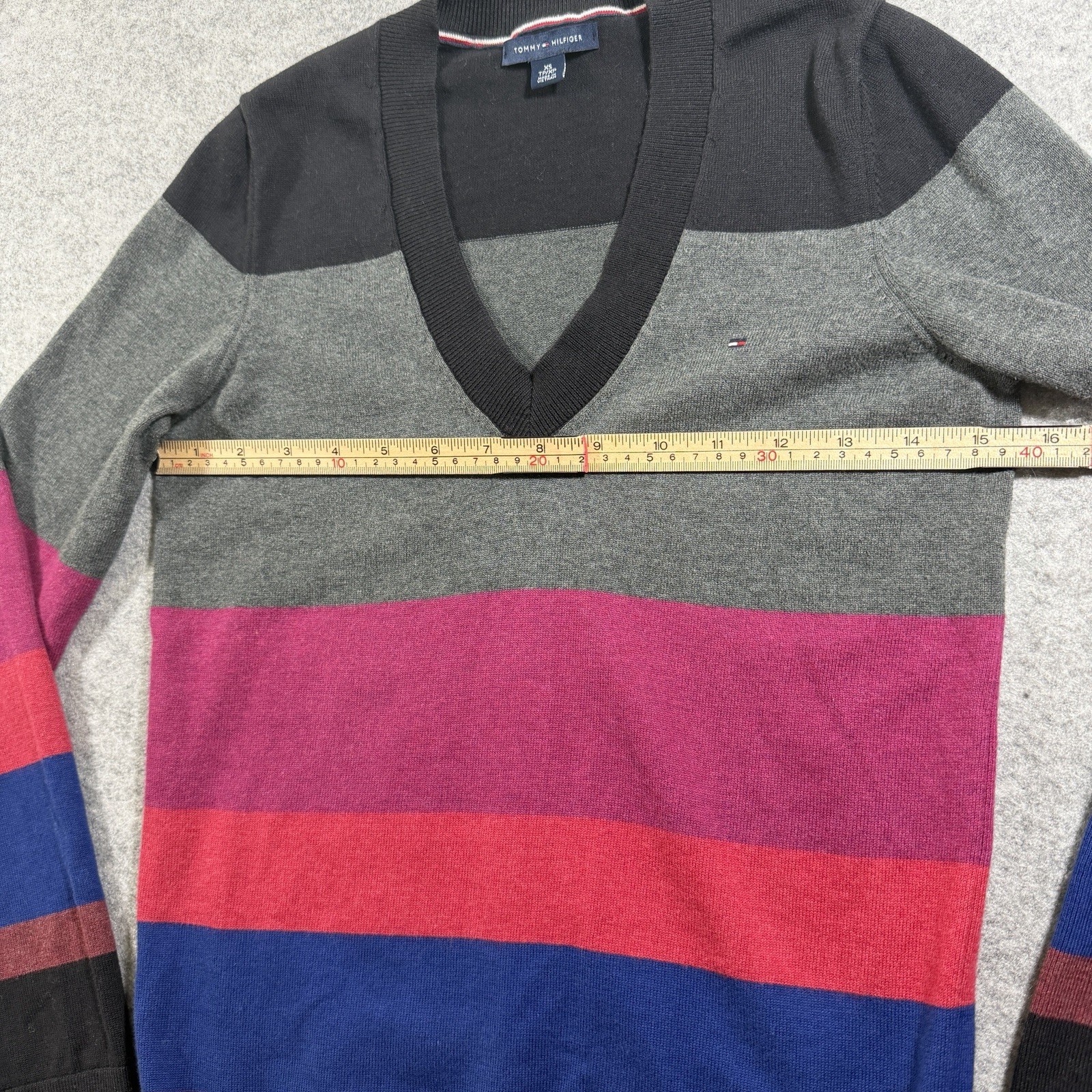 Tommy Hilfiger V Neck Sweater Womens XS Striped Colorful Preppy Classic Casual thumbnail 5