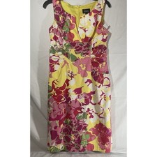 Adrianne Papell Floral Cotton Dress Womens Size 0 Pink Yellow White Green