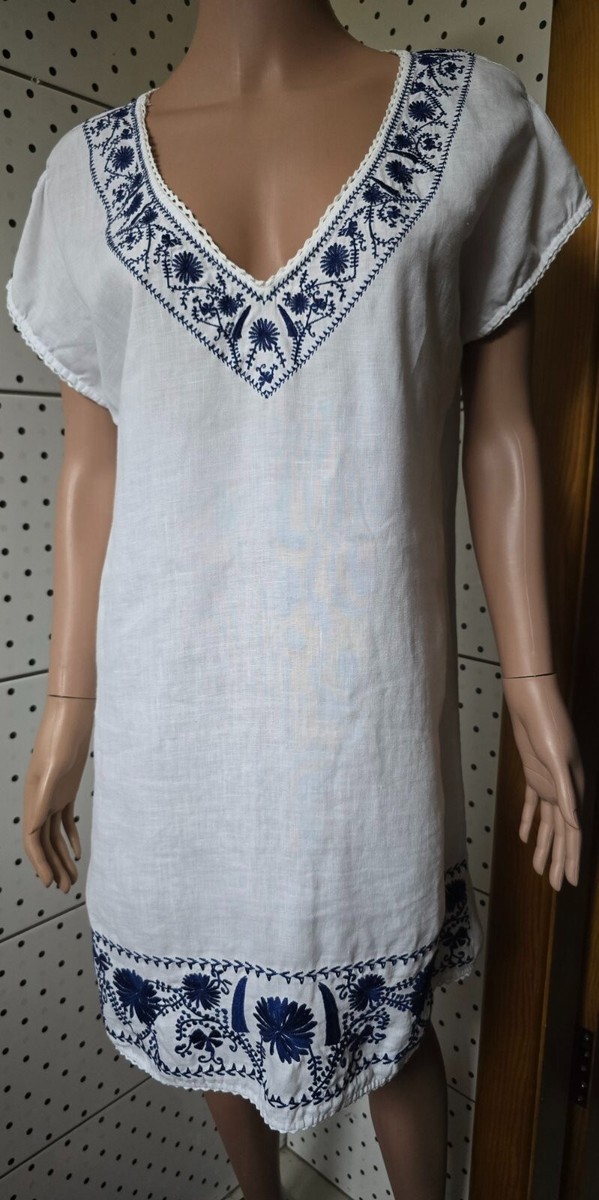 ZARA Embroidered White Women Linen Dress Tunic Embroidered Size M | eBay