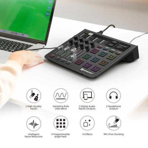 Relacart Podcast+ Microphone Interface Audio Mixer Video Switcher Live Streaming - Afbeelding 1 van 7