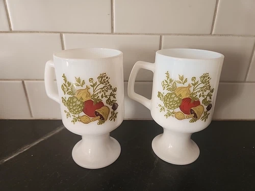 Corning Ware Pair Spice of Life Milk Glass 10 oz. Pedestal Coffee Mugs Vintage