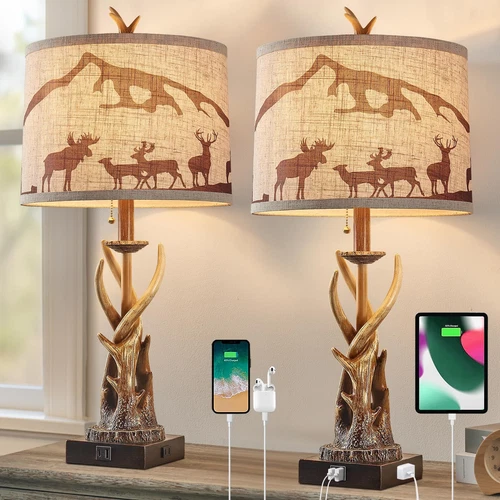 Antler Table Lamps Set of 2 for Bedroom Farmhouse Rustic Antler Deer Bedside ...