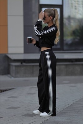 Women's Black Tracksuit with White Stripes, NWOT, Stylish Two-Piece Set, Size XS