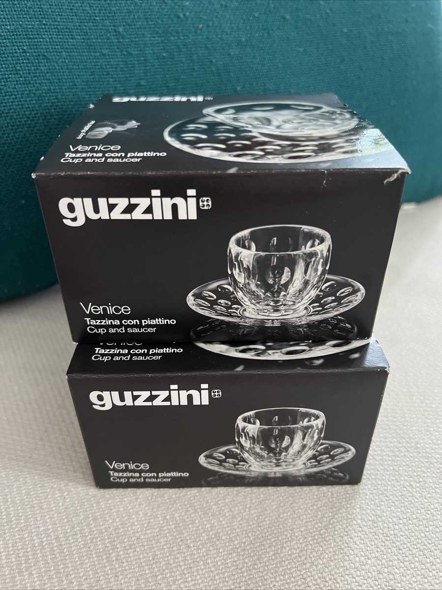 2 Guzzini Venice Bubble Glass Espresso 2 Cups w/Saucer New In Box