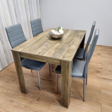 Rustic Effect Table and 4 Grey Faux Leather Chairs Kitchen and Dining Room Set