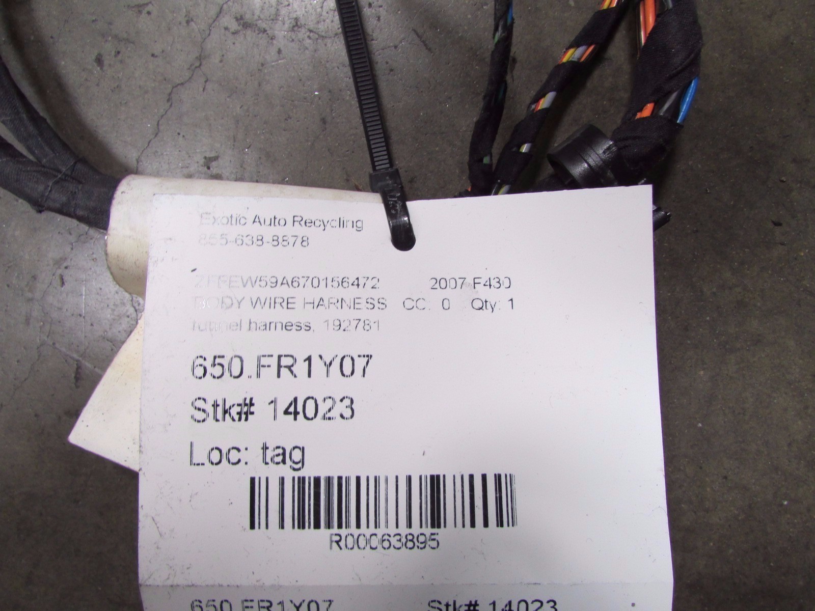 Ferrari F430, Tunnel Wiring Harness, Used P/N 192781