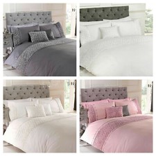 Image of Embellished Ruffled Flowers Duvet Cover Set OR Cushion - Cream Grey White Pink