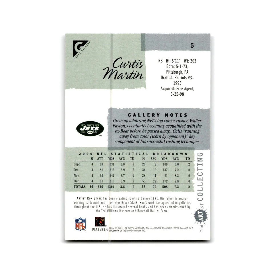 Curtis Martin 2001 Topps Gallery #5 New York Jets Football Card NM - Image 2 of 3
