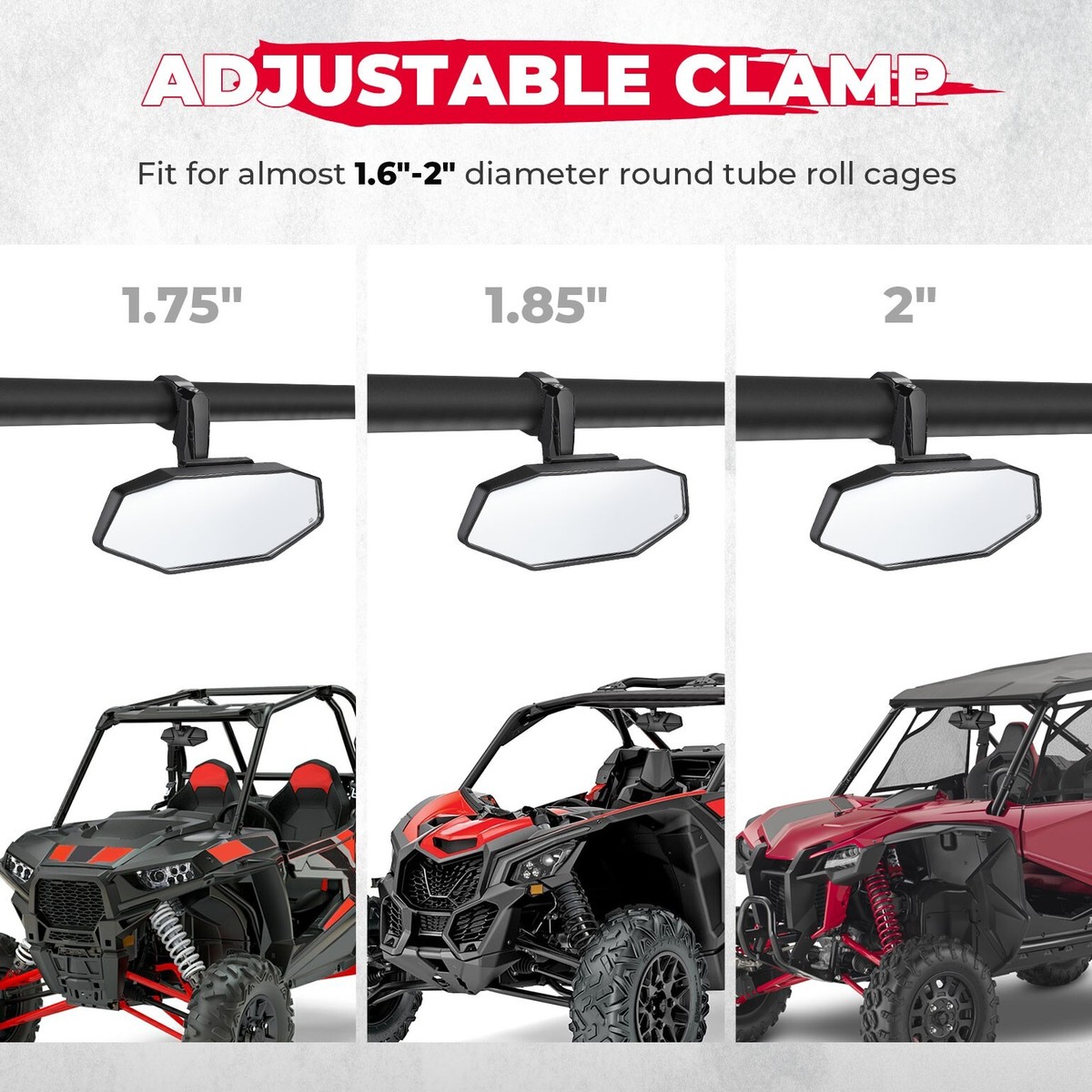 Universal 1.6-2” UTV Rear View Center Mirror – Fits Polaris RZR, Honda Talon, Pioneer, Can Am Maverick X3, Kawasaki Teryx – Convex, Wide Angle