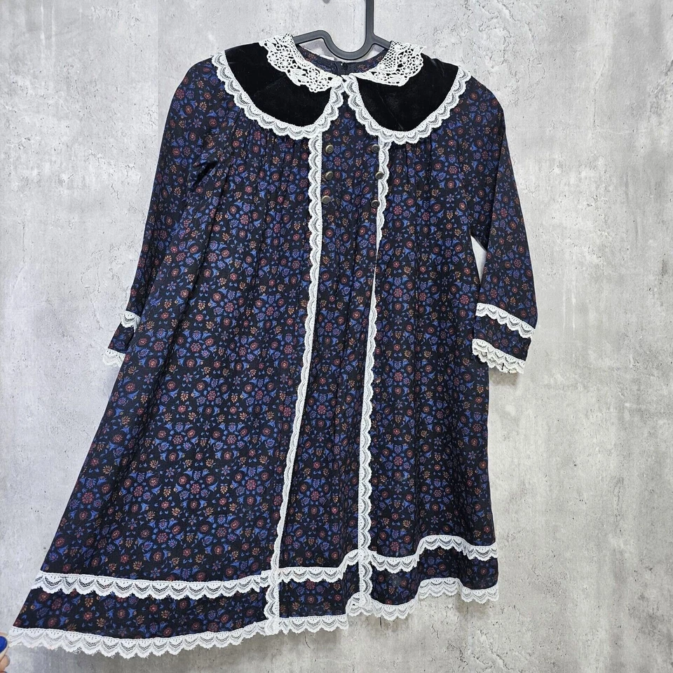 Vestido Vintage Gunne Sax Jessica McClintock Niñas 5 Floral Encaje Cuello Terciopelo Foto 4 de 4