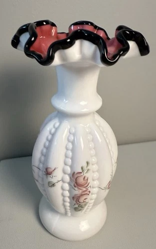 Fenton Milk Glass Vase Black/Rose Crest Hand-Painted D. Robinson Mint Condition