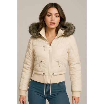 Esprit Puffer Jacket Womens Faux Fur Hood Large Cream Nylon Y2K Vintage Coat