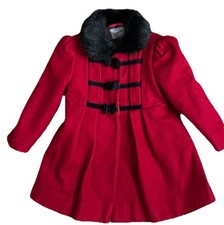Rothschild Girls Coat Sz 18 mo Red w/ Black Trim Bow Wool Blend Faux Fur Collar