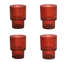 Crofton High Ball Glasses 16oz Set / 4 Red Ribbed Glass Stackable Aldi Exclusive