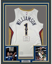 FRAMED Autographed/Signed ZION WILLIAMSON 33x42 White Nike Jersey Fanatics COA