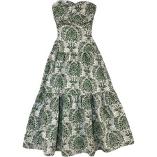 Green Damask Floral Tiered Maxi Dress Bow Back Cutout Boho Summer Sun Dress