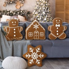 4 Pcs Christmas Throw Pillows Plush Gingerbread Men Gingerbread House Snowfla...