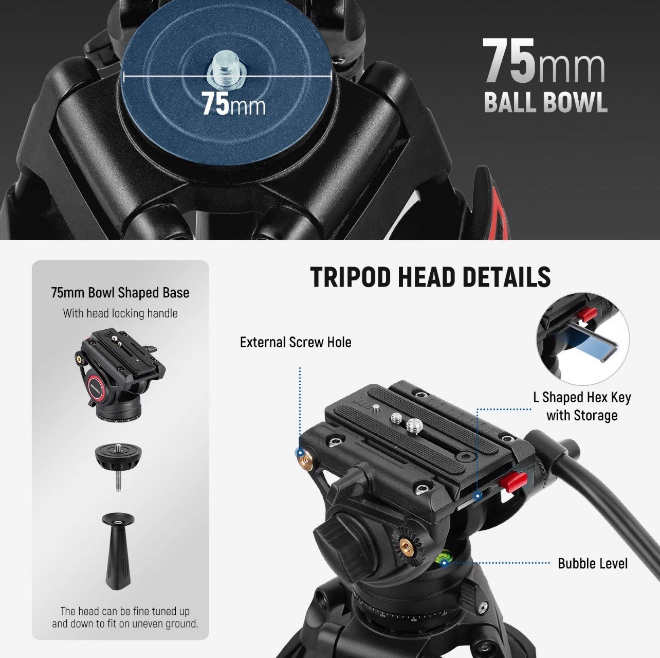 NEEWER TP74D 74" Video Tripod w/Fluid Head, QR Plate, 17.6lb Load