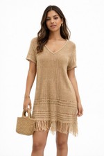 Tan Boho Dress by Cypio M Boho Fringe Knit Tunic V Neck Festival Sweater Beach