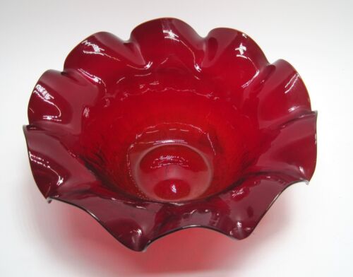Vintage Blenko Large Bowl 12” Ruffled-Edge Fluted Ruby Crackle Glass - Picture 3 of 6
