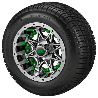 (4) 205/50-10 Low Pro Tire on 10x7 Black/Machined Revenge Wheels w/Green Inserts