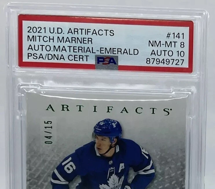 Mitch Marner Auto PSA 8/10 - 2021 UD Artifacts Emerald /15 w/ Relic - Knights - Image 2 of 4