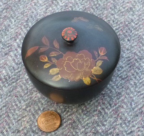 Antique Japanese Bowl Makie Lacquer Tea Ceremony Peony Butterfly Folk Art Japan - Picture 3 of 7