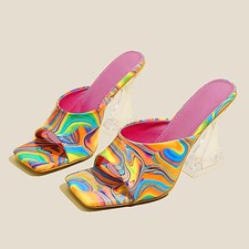 Women Chunky Fashion Sandals Heels High Heels Print Slippers Summer Clear Shoes