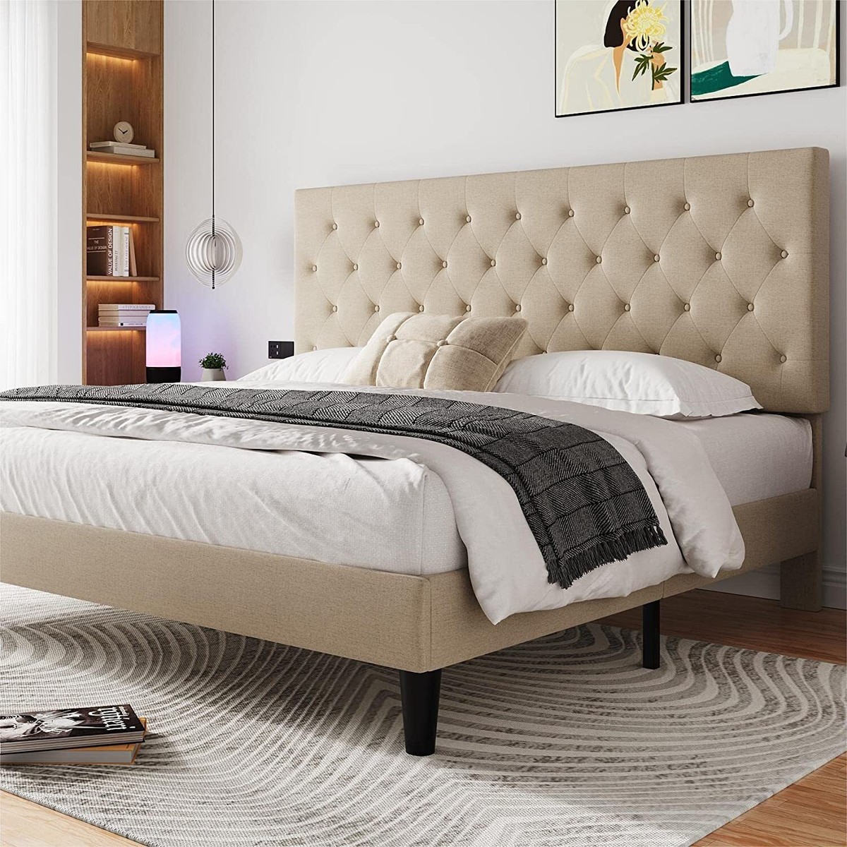 King Size Platform Bed Frame with Adjustable Diamond Tufted