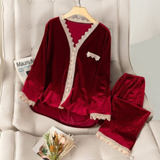 Velvet 2PCS Pajamas Set Women Sleepwear Nightwear Loose Bathrobe Shirt pants