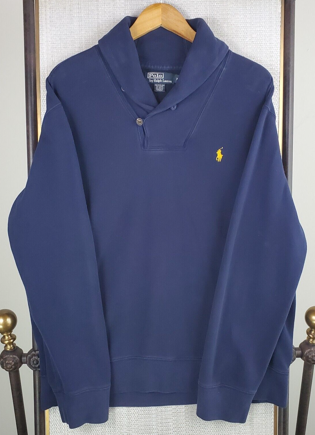 PONY POLO RALPH LAUREN Size XL Shawl Collar Mens Sweatshirt Cotton Sweater Blue